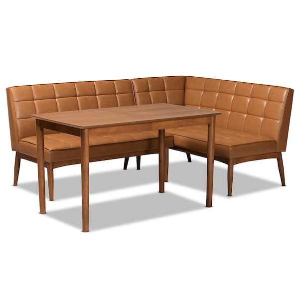 Baxton Studio Sanford Mid-Century Modern Tan Faux Leather and Walnut Brown Finished Wood 3-Piece Dining Nook Set - 184-11346-9305-ZORO