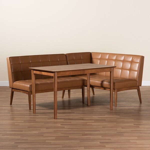 Baxton Studio Sanford Mid-Century Modern Tan Faux Leather and Walnut Brown Finished Wood 3-Piece Dining Nook Set - 184-11346-9305-ZORO