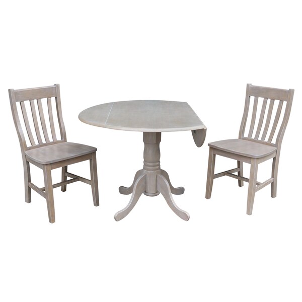 International Concepts Round 42 in Dual Drop Leaf Table with 2 Schoolhouse Chairs, Washed Gray Taupe, 42 in W, 42 in L - K09-42DP-C61P