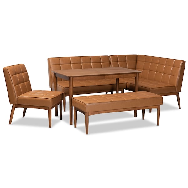 Baxton Studio Sanford Mid-Century Modern Tan Faux Leather and Walnut Brown Finished Wood 5-Piece Dining Nook Set - 184-11346-11347-11348-9305-ZORO