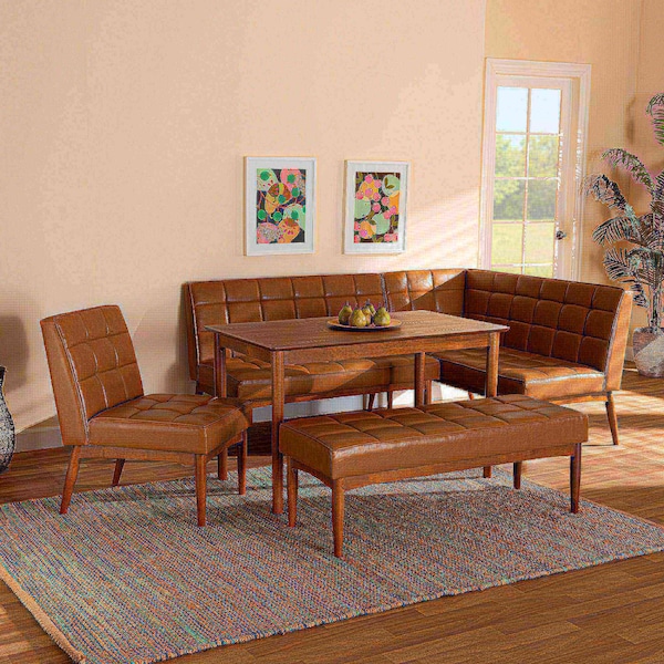 Baxton Studio Sanford Mid-Century Modern Tan Faux Leather and Walnut Brown Finished Wood 5-Piece Dining Nook Set - 184-11346-11347-11348-9305-ZORO