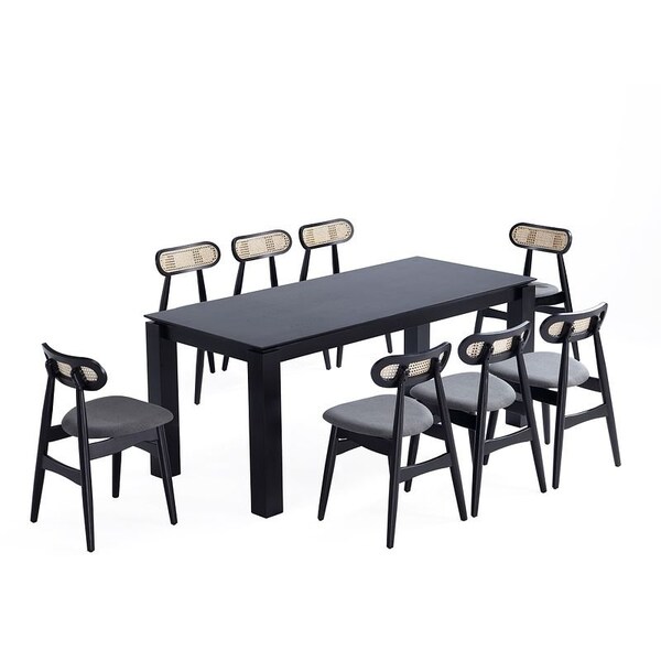 Manhattan Comfort Rectangle Dining Set of 9 W/ Paragon Chairs, 70.86 in L, American Solid Ash Wood, Black - 8-DT02DCCA05-GY