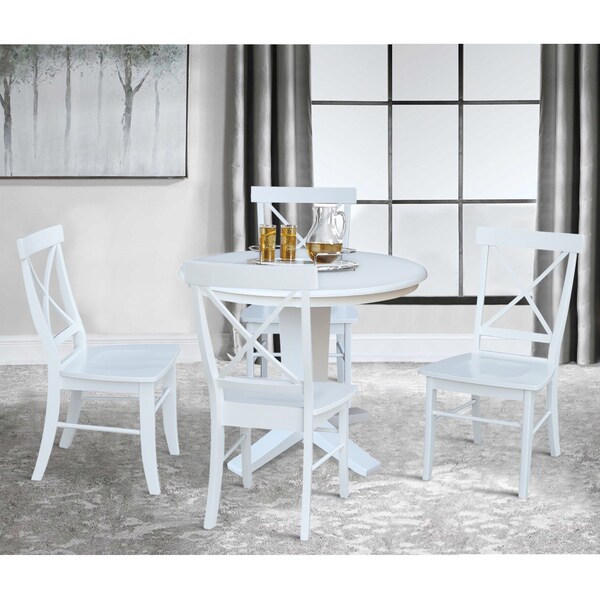 International Concepts 36 in. Solid Wood Round Top Pedestal Dining Table with 4 Chairs in White - K08-36RT-23B-C613-4
