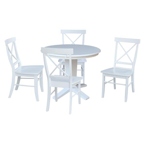 International Concepts 36 in. Solid Wood Round Top Pedestal Dining Table with 4 Chairs in White - K08-36RT-23B-C613-4