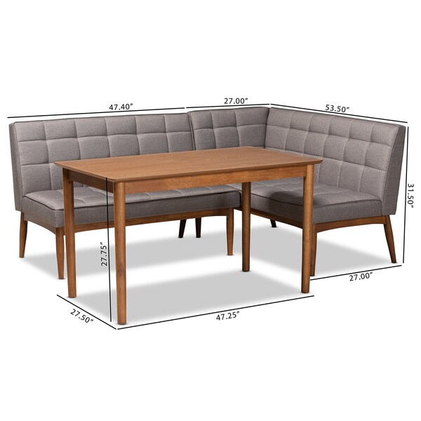 Baxton Studio Sanford Mid-Century Modern Grey Fabric and Walnut Brown Finished Wood 3-Piece Dining Nook Set - 184-11340-9305-ZORO