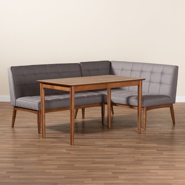 Baxton Studio Sanford Mid-Century Modern Grey Fabric and Walnut Brown Finished Wood 3-Piece Dining Nook Set - 184-11340-9305-ZORO