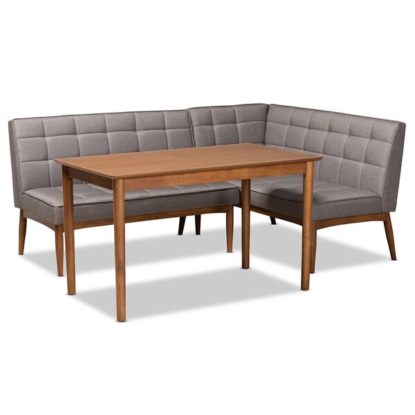 Baxton Studio Sanford Mid-Century Modern Grey Fabric and Walnut Brown Finished Wood 3-Piece Dining Nook Set - 184-11340-9305-ZORO