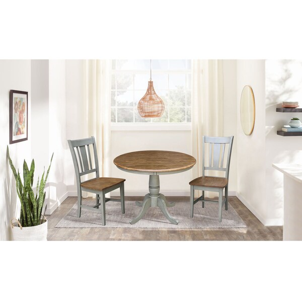 International Concepts Round 36 in Rd Top Pedestal Table, 2 San Remo Chairs, Hickory/Stone, 36 in W, 36 in L, 29.1 in H - K41-36RT-C10-2