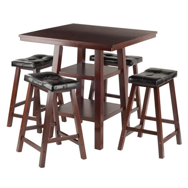 Winsome Trading 3 Piece Orlando High Table 2 Shelves with 4 Cushion Seat Stools Set, Walnut - 94506