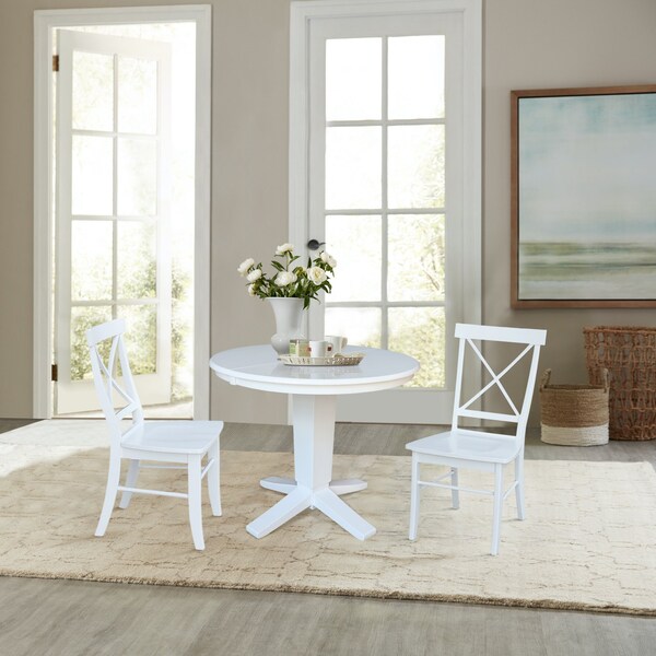 International Concepts 36 in. Solid Wood Round Extension Dining Table with 2 Dining Chairs in White - K08-36RXT-23B-C613-2