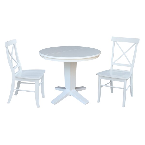 International Concepts 36 in. Solid Wood Round Extension Dining Table with 2 Dining Chairs in White - K08-36RXT-23B-C613-2