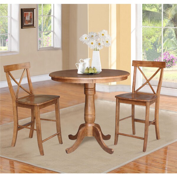 International Concepts Round 36 in Rd Ped Gathering Ht Table, 2 X-Back Stools, Distressed Oak, 36 in W, 36 in L, 35.1 in H - K42-36RT-6B-S6132-2