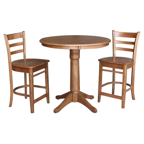 International Concepts Round 36 in Rd Top Pedestal Table, 2 Emily Counter Ht Stools, Distressed Oak, 36 in W, 36 in L, Wood - K42-36RT-27B-S6172-2