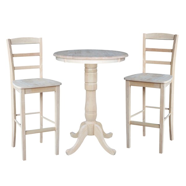 International Concepts Round 30 in Rd Pedestal Bar Height Table, 2 Madrid Bar Height Stools, Unfinished, 30 in W, 30 in L - K-30RT-6B-2-S403-2