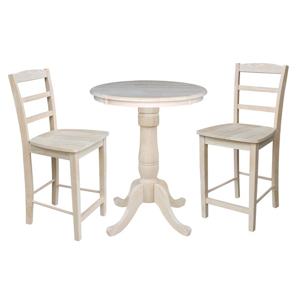 International Concepts Round 30 in Rd Ped Gathering Ht Table, 2 Madrid Counter Ht Stools, Unfinished, 30 in W, 30 in L, Wood - K-30RT-6B-S402-2