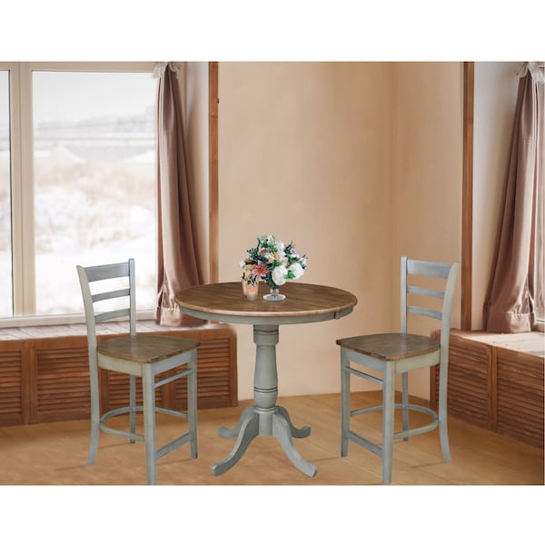 International Concepts Round 36 in Rd Extension Dining Table, 2 Emily Counter Ht Stools, Hickory/Stone, 36 in W, 48 in L - K41-36RXT-6B-S6172-2