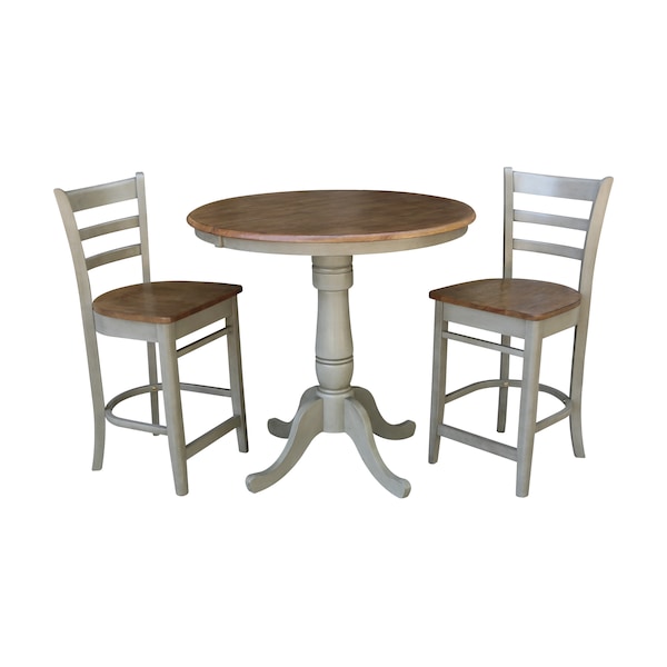 International Concepts Round 36 in Rd Extension Dining Table, 2 Emily Counter Ht Stools, Hickory/Stone, 36 in W, 48 in L - K41-36RXT-6B-S6172-2