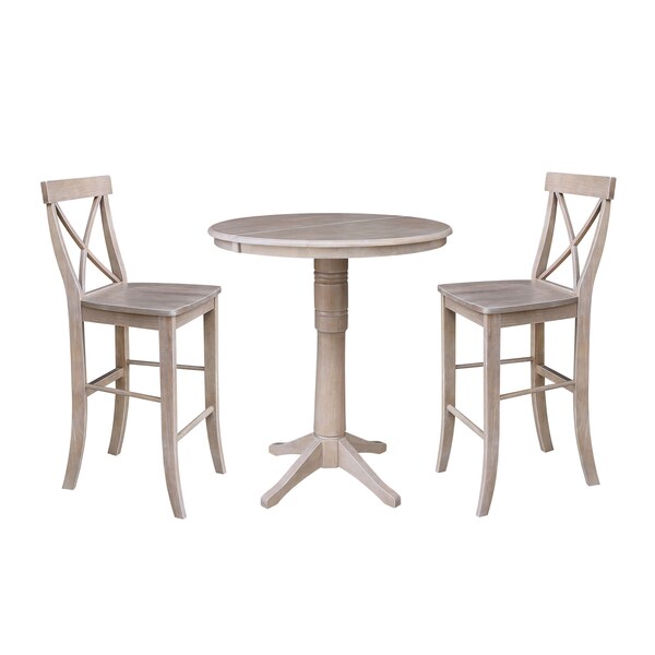 International Concepts Round 36 in Rd Extension Dining Table 40.9 inH, 2 X-Back Bar Ht Stools, Gray Taupe, 36 in W, 48 in L - K09-36RXT-27B-S6133-2