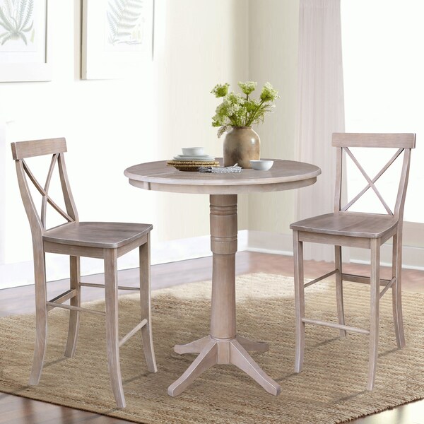 International Concepts Round 36 in Rd Extension Dining Table 40.9 inH, 2 X-Back Bar Ht Stools, Gray Taupe, 36 in W, 48 in L - K09-36RXT-27B-S6133-2