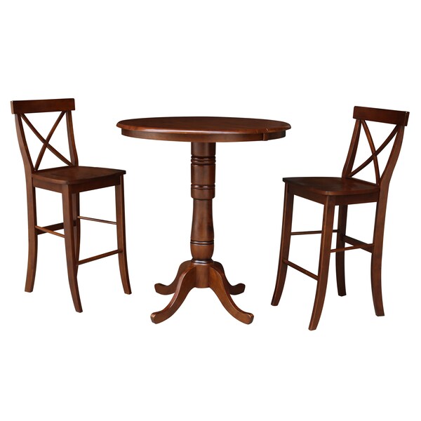 International Concepts Round 36 in Rd Top Ped Ext Table, 12 in Leaf, 2 RTA X-Back Barstools, Espresso, 36 in W, 48 in L, Wood - K581-36RXT-6B-S6133