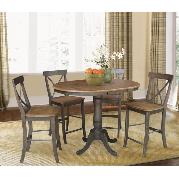 International Concepts Round 36 in Rd Extension Dining table, 4 RTA counterHt stools, Hickory/Coal, 36 in W, 48 in L, Wood - K45-36RXT-6B-S6132-4