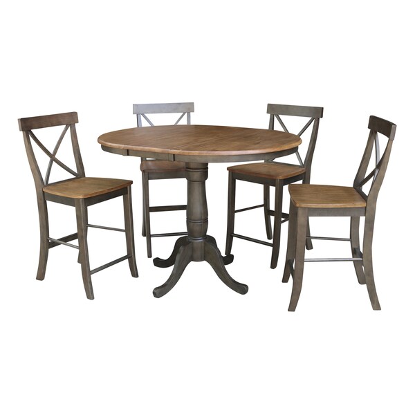 International Concepts Round 36 in Rd Extension Dining table, 4 RTA counterHt stools, Hickory/Coal, 36 in W, 48 in L, Wood - K45-36RXT-6B-S6132-4