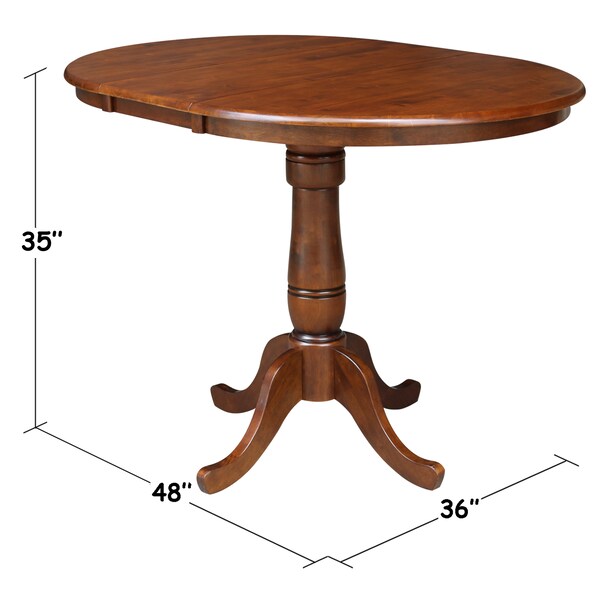 International Concepts Round 36 in Rd Top Pedestal Table, 12 in Leaf, 34.9 inH, Adjustable Height, Espresso, 36 in W, 48 in L - K581-36RXT-6B