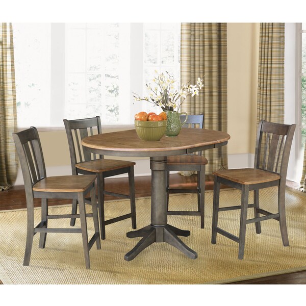 International Concepts Round 36 in Rd Extension Dining table, 4 San Remo counterHt stools, Hickory/Coal, 36 in W, 48 in L - K45-36RXT-27B-S102-4