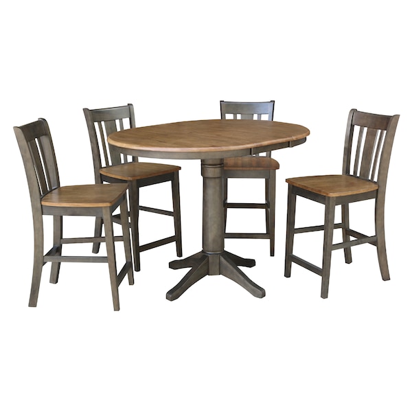 International Concepts Round 36 in Rd Extension Dining table, 4 San Remo counterHt stools, Hickory/Coal, 36 in W, 48 in L - K45-36RXT-27B-S102-4