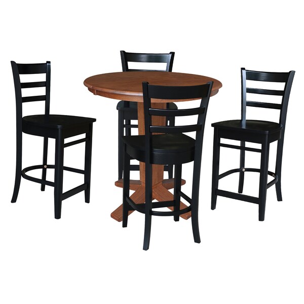 International Concepts 36 in. Solid Wood Round Extension Dining Table with 4 Counter Height Stools in Distressed Oak/Black - K42-36RXT-23S4661724