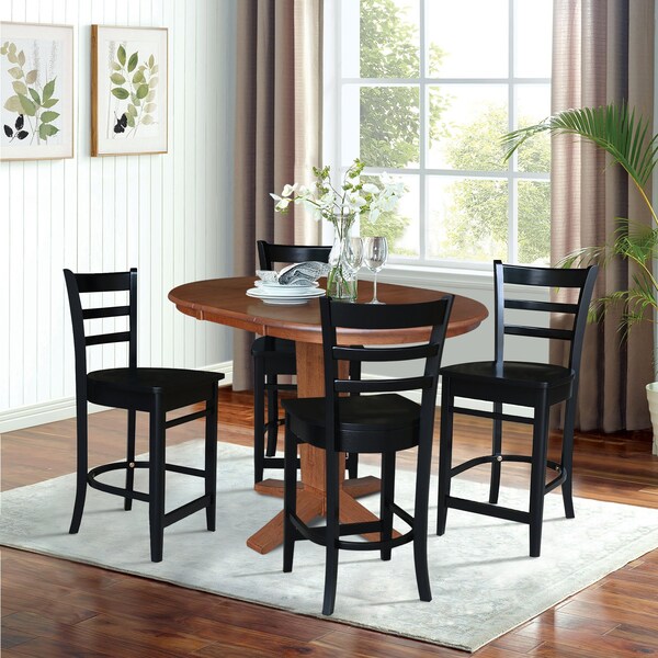 International Concepts 36 in. Solid Wood Round Extension Dining Table with 4 Counter Height Stools in Distressed Oak/Black - K42-36RXT-23S4661724