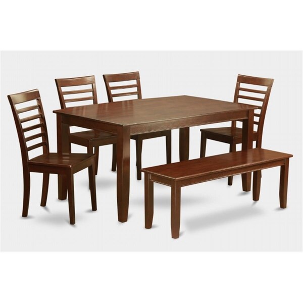 East West Furniture 6 Pc Dudley Dining Table 36x60in with 4 Ladder Back Wood Chairs and 52-in Long Bench - DUML6D-MAH-W