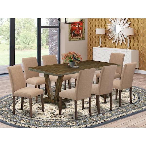 East West Furniture 9 Piece V-Style Modern Dining Table Set - Distressed Jacobean - V777AB747-9