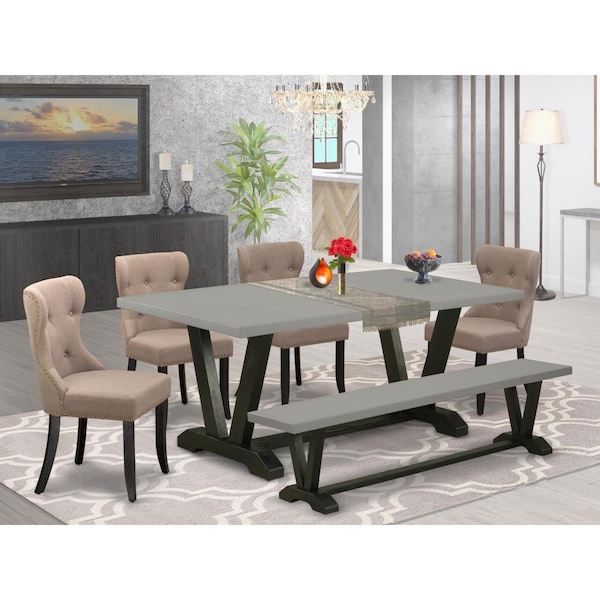 East West Furniture 6 Piece V-Style Modern Dining Table Set - Wire Brushed Black - V697SI648-6