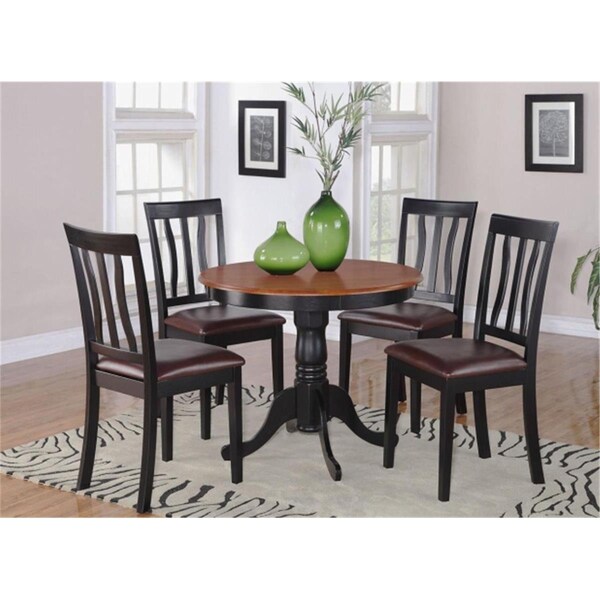 East West Furniture 5 -Piece Antique Round Kitchen 36 in. Table and 4 Chairs with Faux Leather seat - ANTI5-BLK-LC