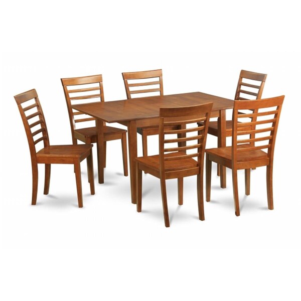 East West Furniture 7Pc Set Picasso Table with 12 in butterfly leaf and 6 wood seat chairs - PSML7-SBR-W