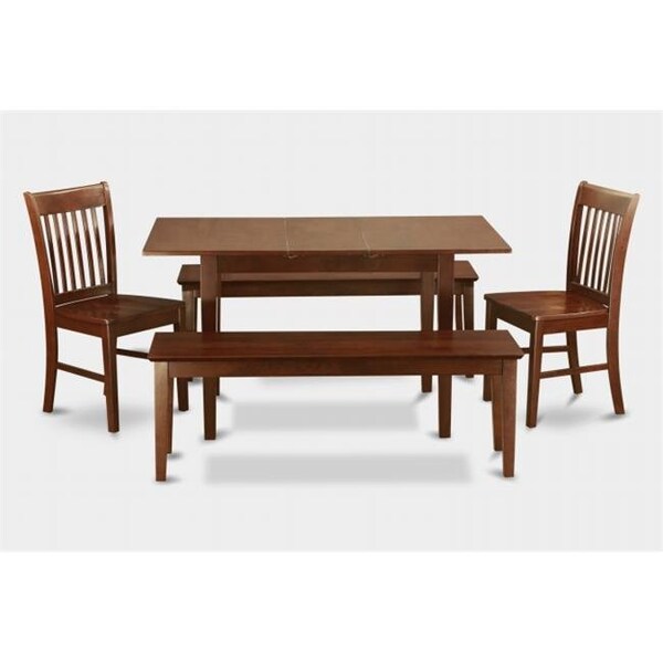 East West Furniture East West Furniture NOFK5C-MAH-W Norfolk Table with 12 in in self storage leaf plus 2 wood seat chairs and 2 benches - NOFK5C-MAH-W