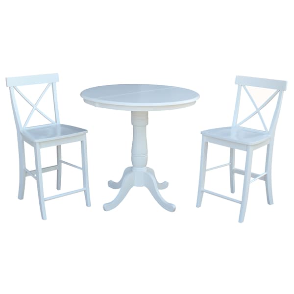 International Concepts Round 36 in Rd Extension Dining Table 36 inH, 2 X-Back Counter Ht Stools, White, 36 in W, 48 in L - K08-36RXT-S6132
