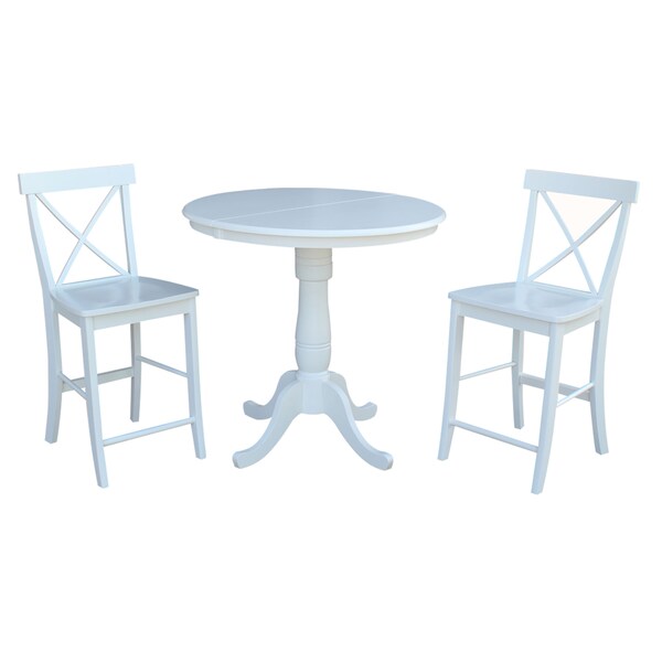 International Concepts Round 36 in Rd Extension Dining Table 36 inH, 2 X-Back Counter Ht Stools, White, 36 in W, 48 in L - K08-36RXT-S6132