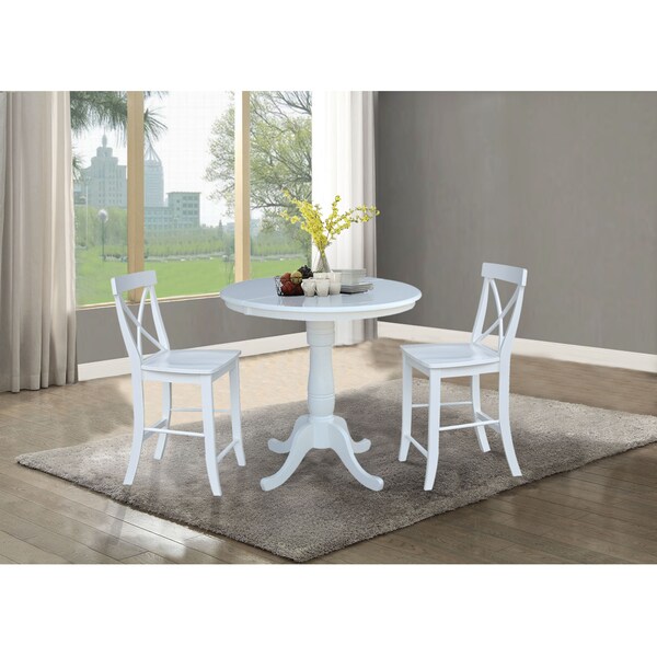 International Concepts Round 36 in Rd Extension Dining Table 36 inH, 2 X-Back Counter Ht Stools, White, 36 in W, 48 in L - K08-36RXT-S6132