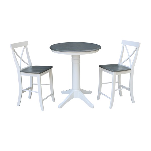 International Concepts Round 30 in Rd Ped Gathering Ht Table, 2 X-Back Stools, White/Heather Gray, 30 in W, 30 in L, Wood - K05-30RT-27B-S6132-2