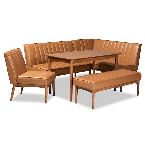 Baxton Studio Daymond Mid-Century Modern Tan Faux Leather and Walnut Brown Finished Wood 5-Piece Dining Nook Set - 186-11352-11353-11354-9305-ZORO