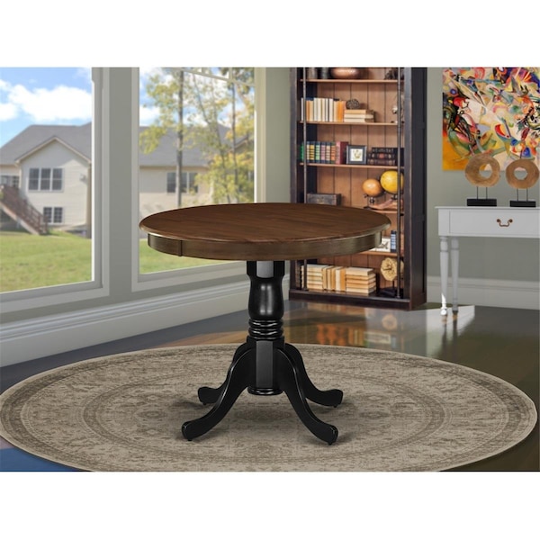 East West Furniture 36 in. Antique Round Rubber Wood Walnut Dining Table with Wirebrushed Black Pedestal - AMT-WBK-TP