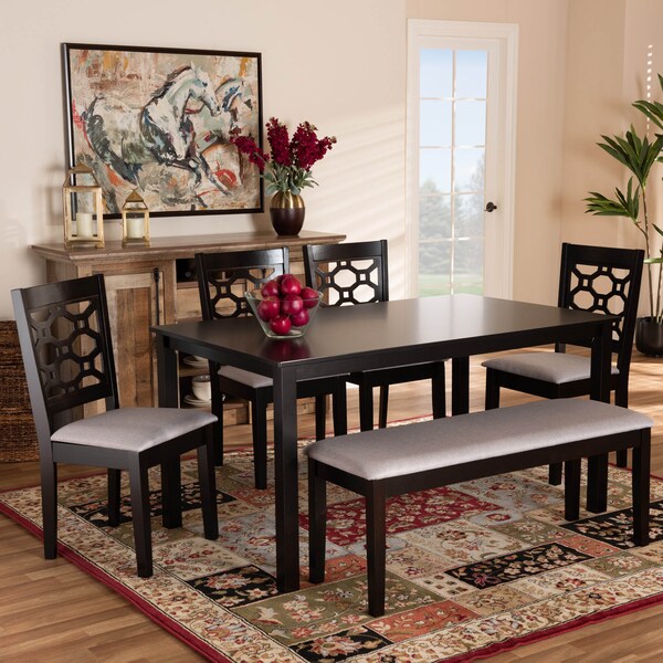 Baxton Studio Gabriel Grey Upholstered and Dark Brown Wood 6-Piece Dining Set - 171-10949-10915-10519