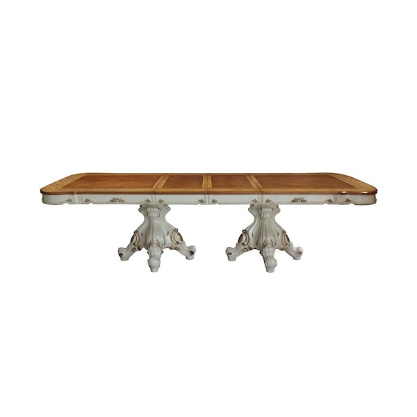 Gfancy Fixtures 49 x 120 x 31 in. Antique Pearl Cherry Oak Wood Poly-Resin Dining Table with Double Pedestal - GF3093894