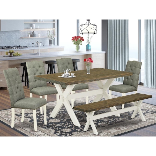East West Furniture 6 Piece X-Style Dining Table Set - Linen White - X076EL207-6