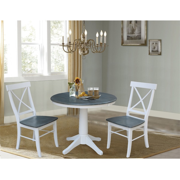 International Concepts Round 36 in Rd Extension Dining Table, 2 X-Back Chairs, White/Heather Gray, 36 in W, 48 in L, Wood - K05-36RXT-27B-C613-2