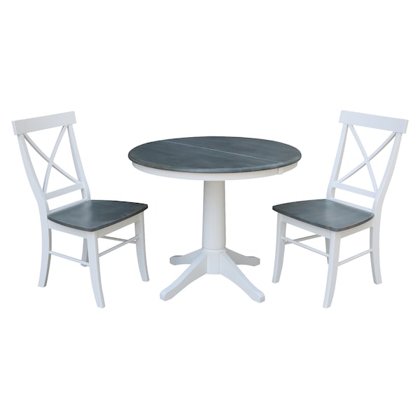 International Concepts Round 36 in Rd Extension Dining Table, 2 X-Back Chairs, White/Heather Gray, 36 in W, 48 in L, Wood - K05-36RXT-27B-C613-2
