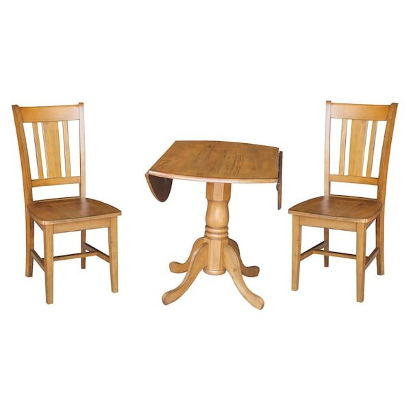 International Concepts Round 42 in Dual Drop Leaf Table with 2 San Remo Chairs, Pecan, 42 in W, 42 in L, 29.5 in H, Wood - K59-42DP-C10