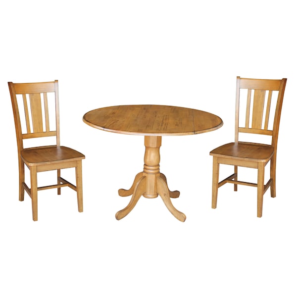 International Concepts Round 42 in Dual Drop Leaf Table with 2 San Remo Chairs, Pecan, 42 in W, 42 in L, 29.5 in H, Wood - K59-42DP-C10